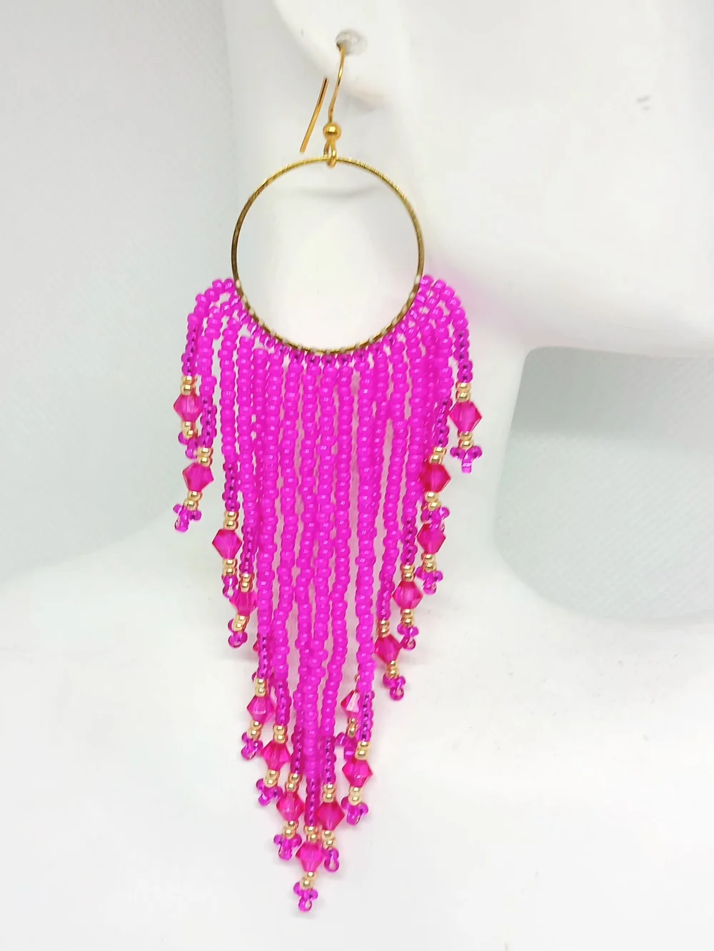 Gold Hoop Earrings with Hot Pink Beaded Fringe